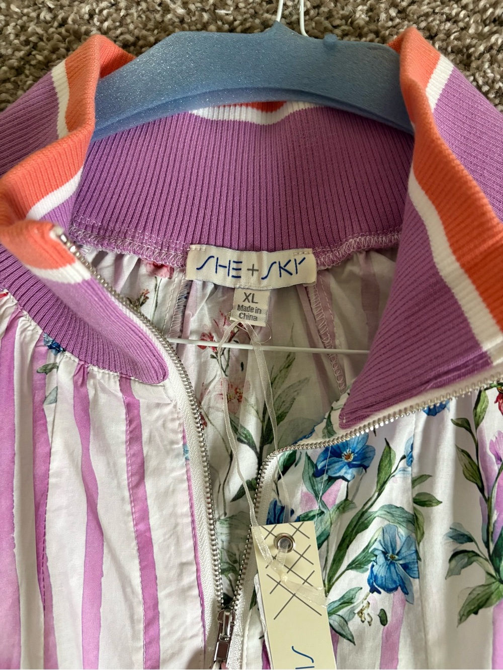 Floral Pink-Striped Pullover Blouse with Purple Trim - Picture 3 of 3